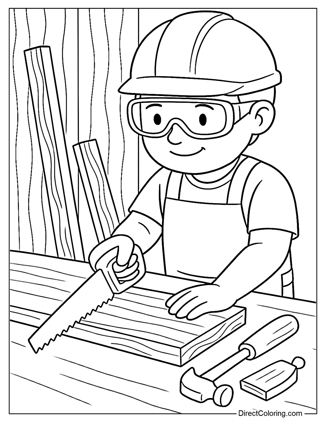 Coloring page of a carpenter sawing wood, wearing a hard hat and safety glasses.
